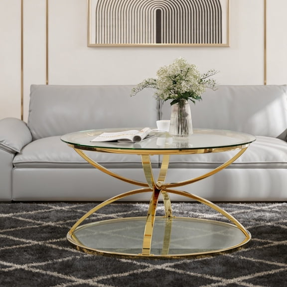 31.5" Modern Glass Coffee Table with 2 Tiers, Ring-Shaped Metal Frames and Clear Tempered Glass, Round Coffee Table for Living Room, Bedroom, Office, Apartment