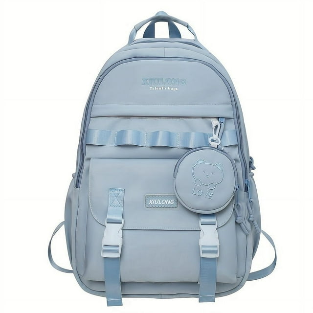 1pc Fashion Trendy Casual Backpack, Large Capacity Versatile Bag, Simple Solid Color Backpack With Cute Bear Patten Coin Purse, Preppy Versatile Bag