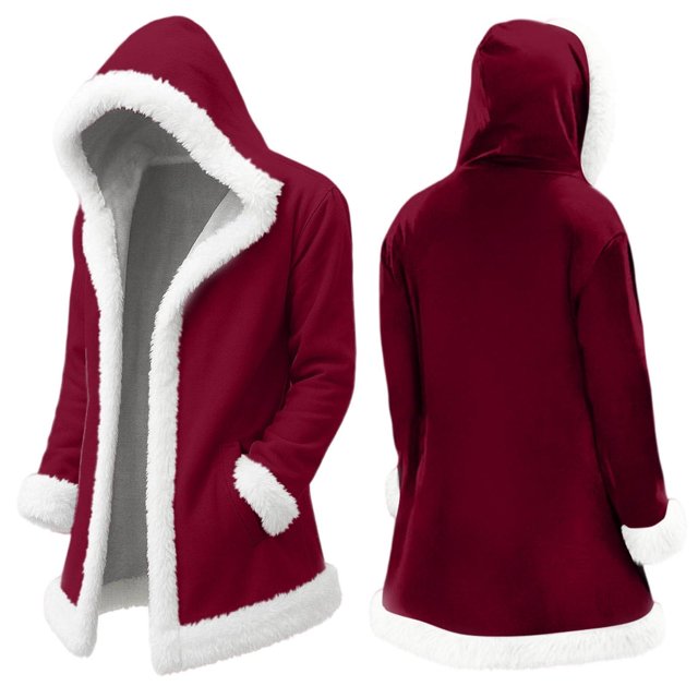 Men Christmas Long Cardigan Hooded Jackets Fleece Lined Santa Xmas Coat Open Front Hoodies Jacket with Pockets Wine M
