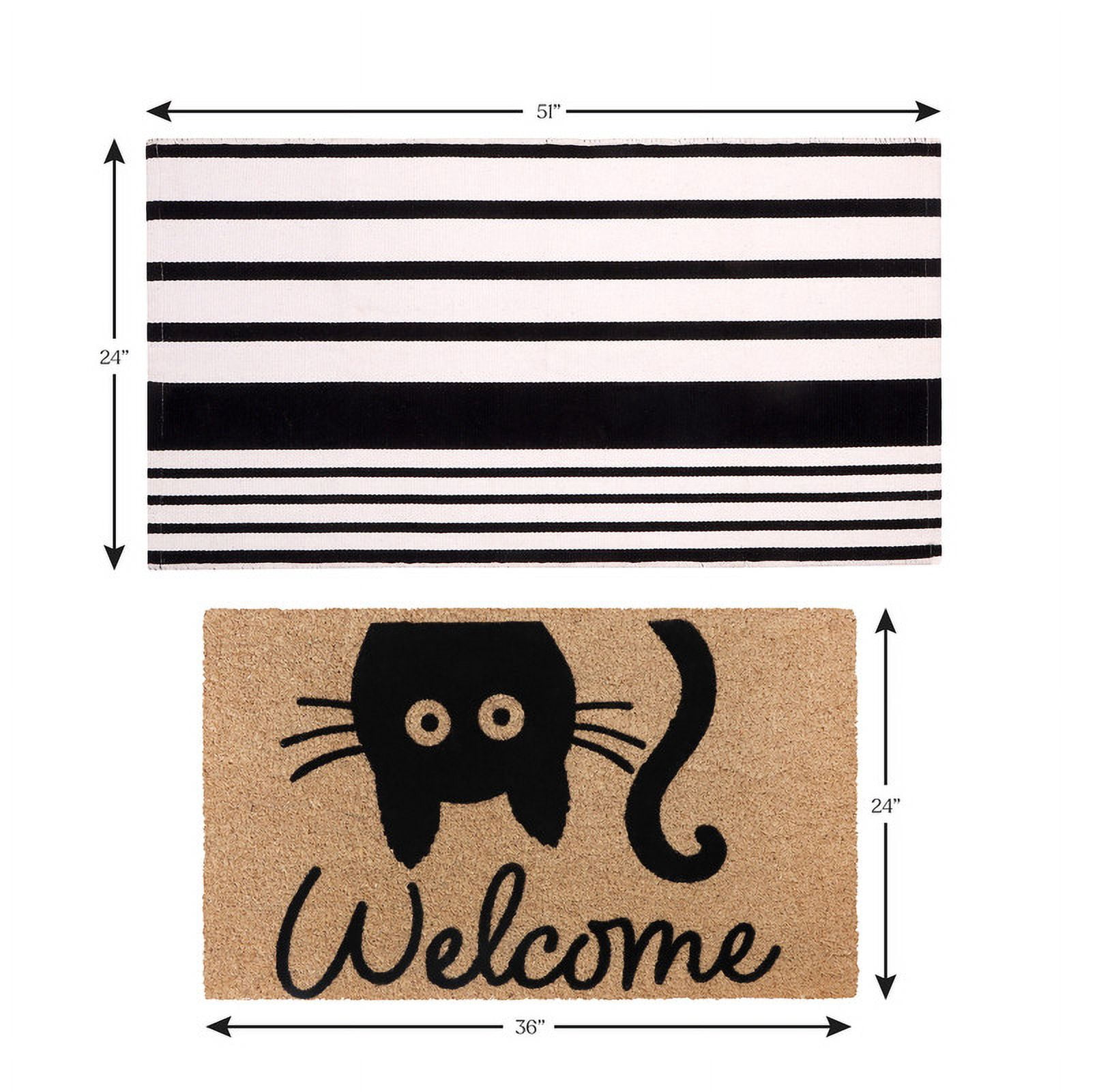 A1HC Coir Welcome Mat and Black & White Striped Cotton Rug Combo Set, 24"x36" & 24"x51", Hand-Woven Washable Entryway Décor