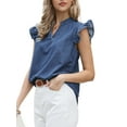 thumbnail image 4 of INSPIRE CHIC Denim Tank Top for Women's Cute Ruffled Sleeve Collared V Neck Casual Jean Blouse L Blue, 4 of 6