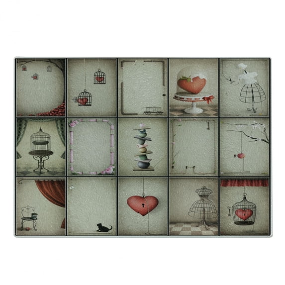Vintage Cutting Board, Valentines Day Inspired Hearts in Captivity Retro Elements Dresses and Cat, Decorative Tempered Glass Cutting and Serving Board, Small Size, Tan Vermilion Pink, by Ambesonne