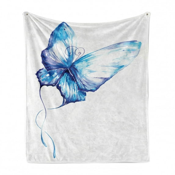 Watercolor Soft Flannel Fleece Blanket, Hand Drawn Style Blue Butterfly Nature Inspired Art Brush Strokes in Soft Colors, Cozy Plush for Indoor and Outdoor Use, 70" x 90", Blue White, by Ambesonne