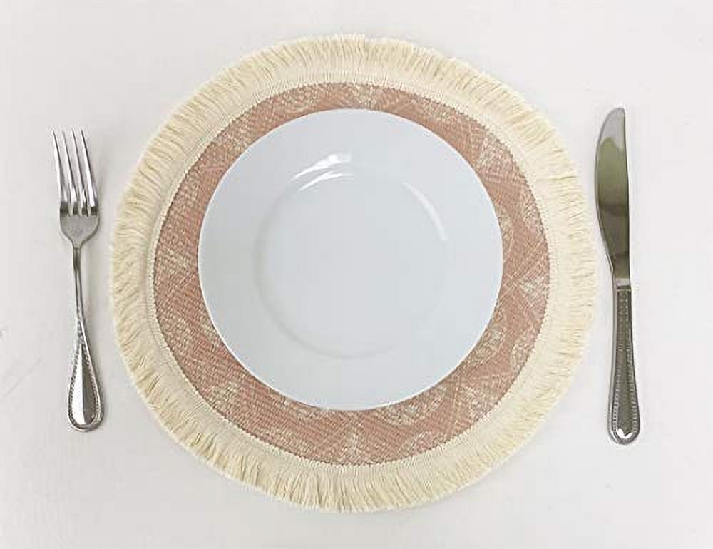 Fennco Styles Unique Dream Catcher Fringe Cotton Placemats 14-inch Round, Set of 4 - Pink Decorative Boho Table Mats for Home Decor, Dining Table, Banquets and Special Events