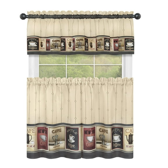 Achim Cozy Cafe Tan-Black 3-Piece Window Set - Chic 58" x 24" Tier & Valance