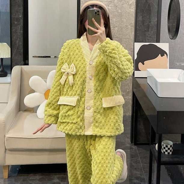 Pijama de vellón coral para mujer, otoño e invierno, forro polar grueso, estilo cortavientos, ropa de casa que se puede usar al aire libre