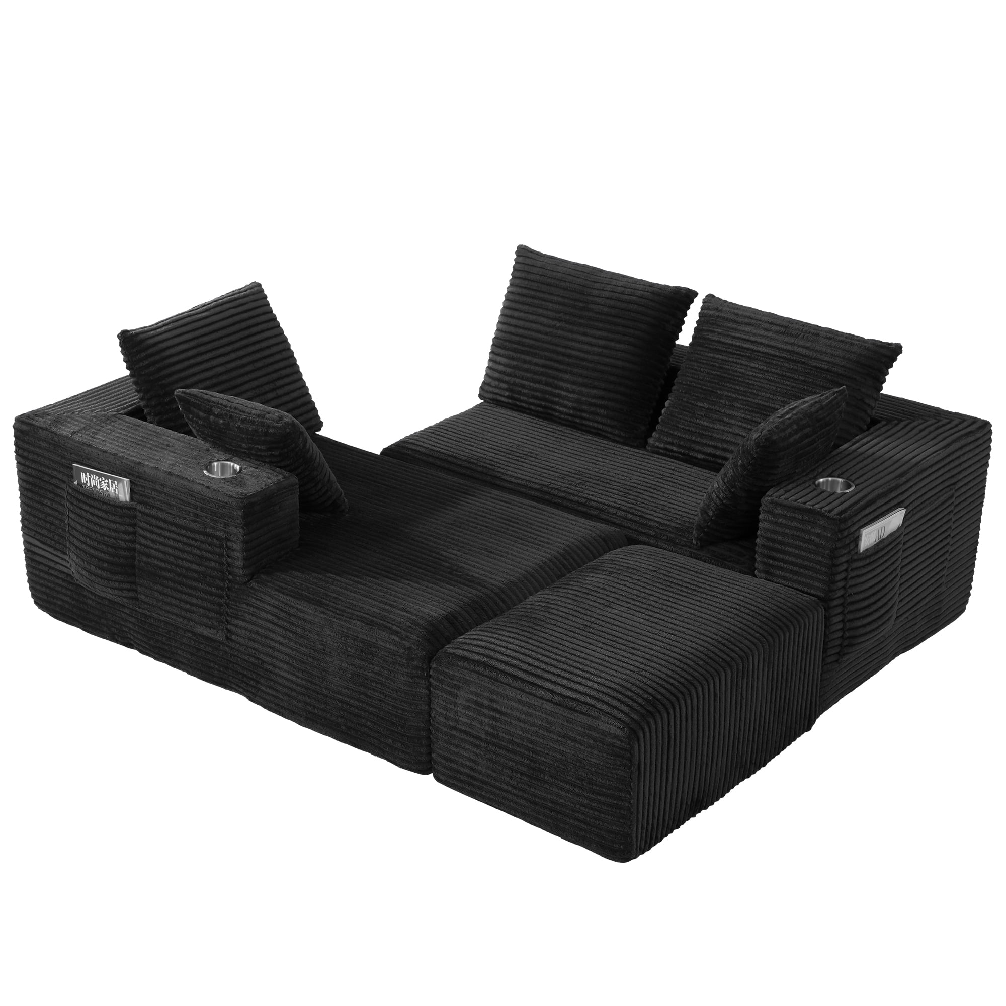 95'' 4 Seater Boneless L Shape Modular Sofa Couch with 4 Pillows, 2 Cup Holders and Ottoman