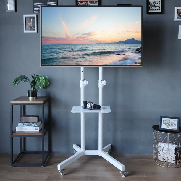 White Mobile TV Stand with Wheels for 40 to 80 inch TVs, Modern TV Cart
