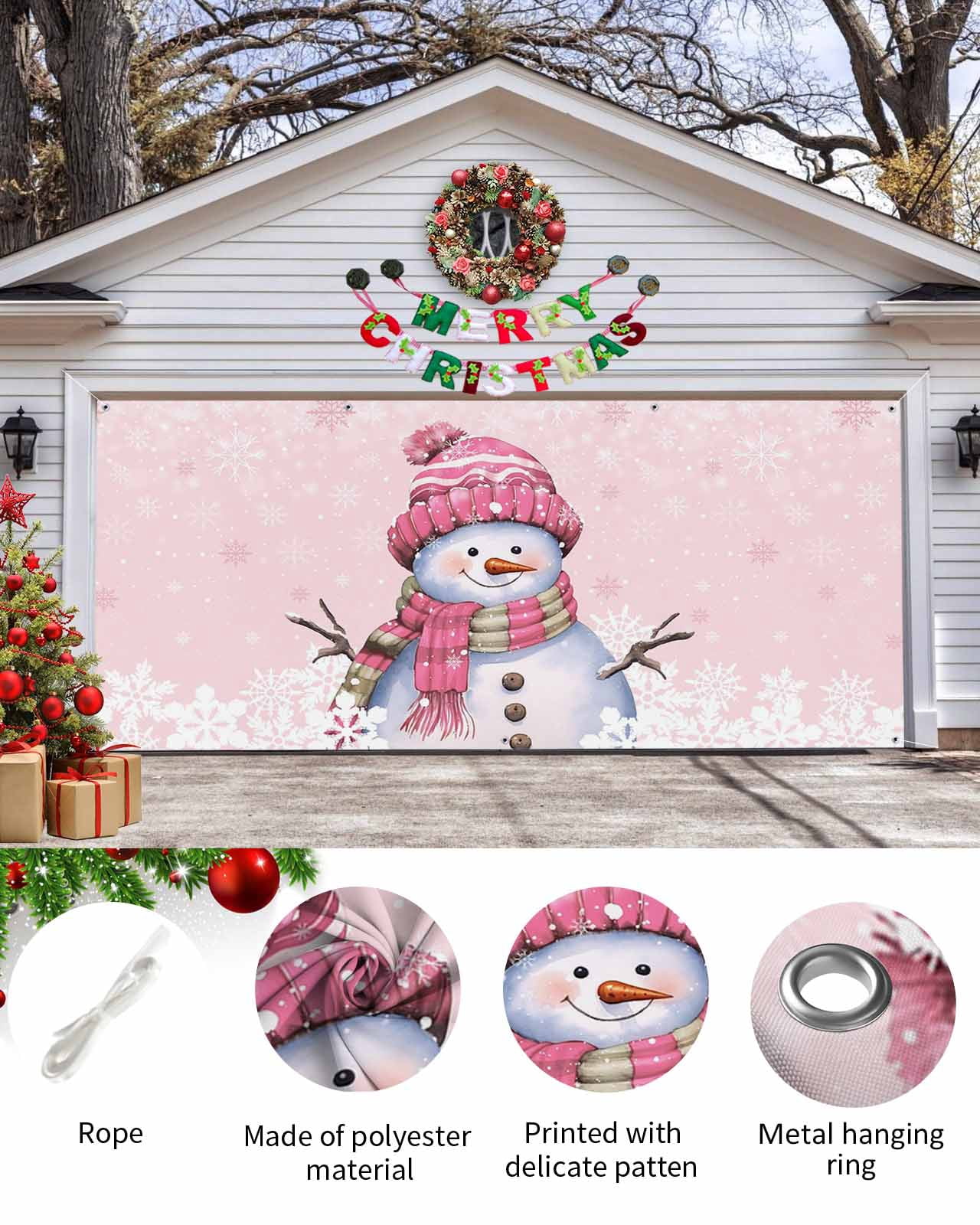Garage Door Banner Cover 6 x 13 ft, Pink Christmas Snowman with Cap Xmas Tree Snowflake Christmas Garage Door Decorations Holiday Christmas Backdrop Decor for Winter New Year Xmas Party