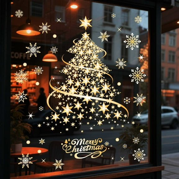 Honmine Christmas Tree Stickers, Gold Snowflake Window Decals, Cling Film Decorations for Shop Window, Glass, Home Decor
