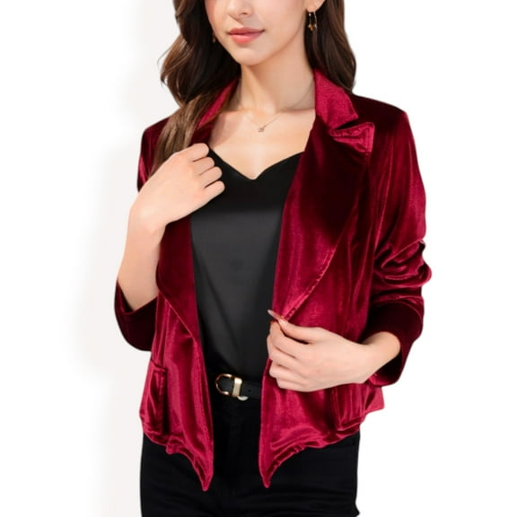Women's Velvet Blazer with Single Button Closure - Medium, Burgundy