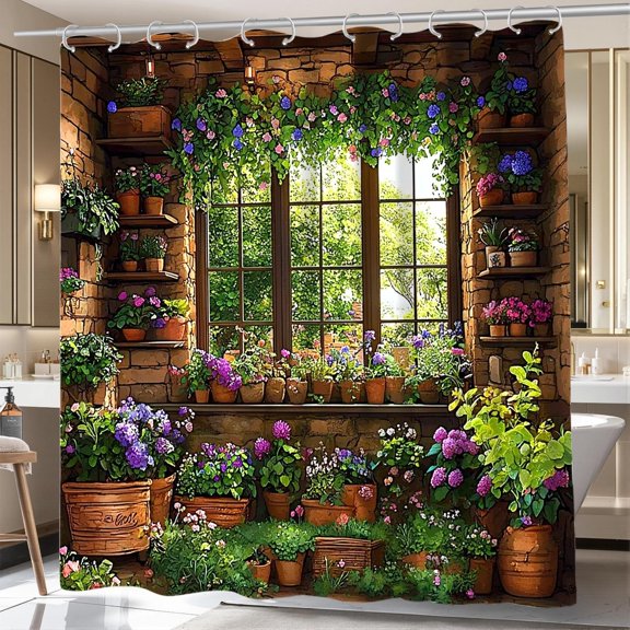 Rustic Stone Wall Garden Potted Flower Window Waterproof Fabric Shower Curtain Home Bathroom Decor