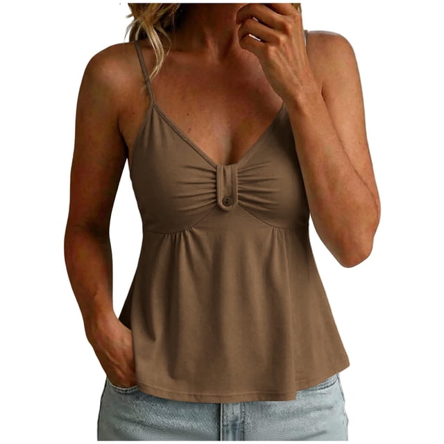 Fewfanhot Tops for Women Trendy Spaghetti Strap Peplum Lace Ruffle Hem Summer Cami Tank Top