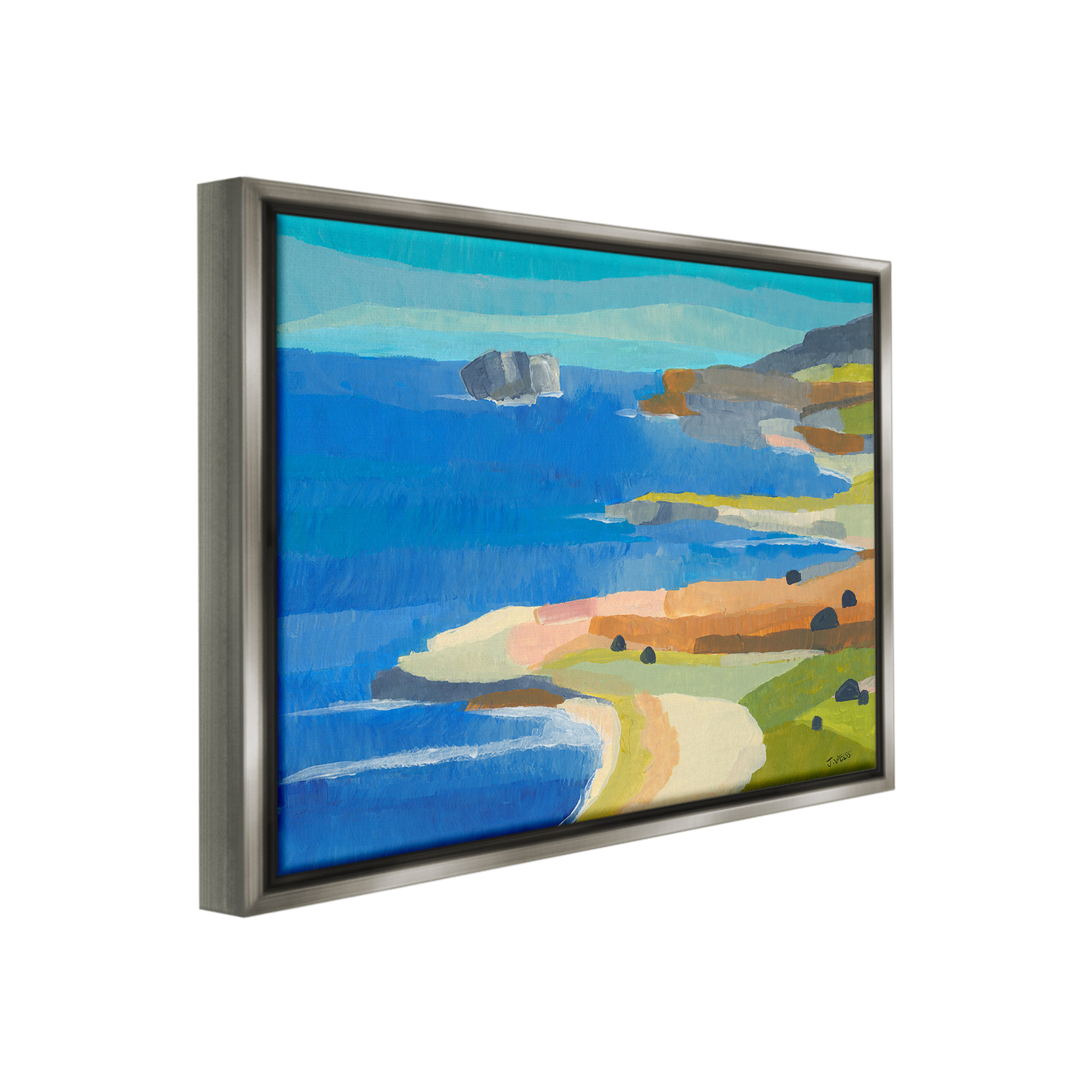 Stupell Industries Modern Coastal Inlets Landscape Painting Gray Floater Framed Canvas Art Print Wall Art, 31 x 25