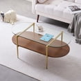 thumbnail image 1 of Rectangle Coffee Table Mid-Century Modern Design L W x H for Living Room - Structure Amber Glass Top and Walnut MDF Shelf Sleek Conical Metal Legs with Gold Finish, 1 of 8