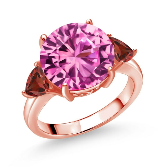 Gem Stone King 18K Rose Gold Plated Silver Pink Created Sapphire and Red Garnet 3-Stone Ring for Women (8.88 Cttw, Round 12MM, Trillion 5MM, Size 6)