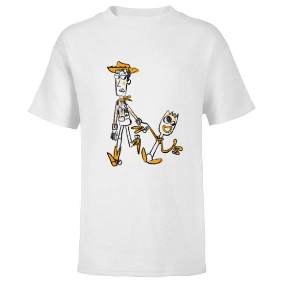 Disney Pixar Toy Story 4 Woody and Forky Sketch T-Shirt - Short Sleeve T-Shirt for Kids - Customized-White