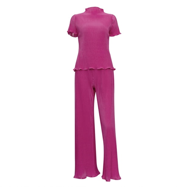 Txlixc Traje de mujer, camiseta de cuello alto de manga corta con traje de pantalones de piernas anchas Txlixc moda