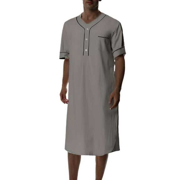 SWSMCLT Men's Short Sleeve Nightshirt Cotton Night Shirt Pocket Knee Length Sleepwear Robe Soft Nightgown Grey Medium