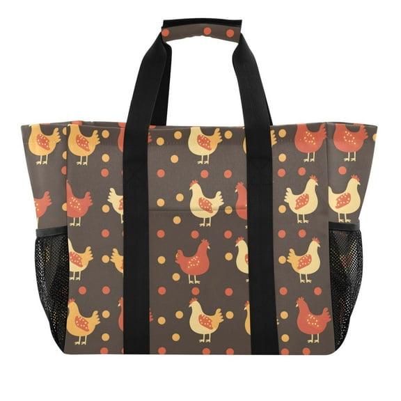 Colorful Chicken Silhouette Reusable Grocery Bags with Handle Side Pocket Waterproof Shopping Portable Tote