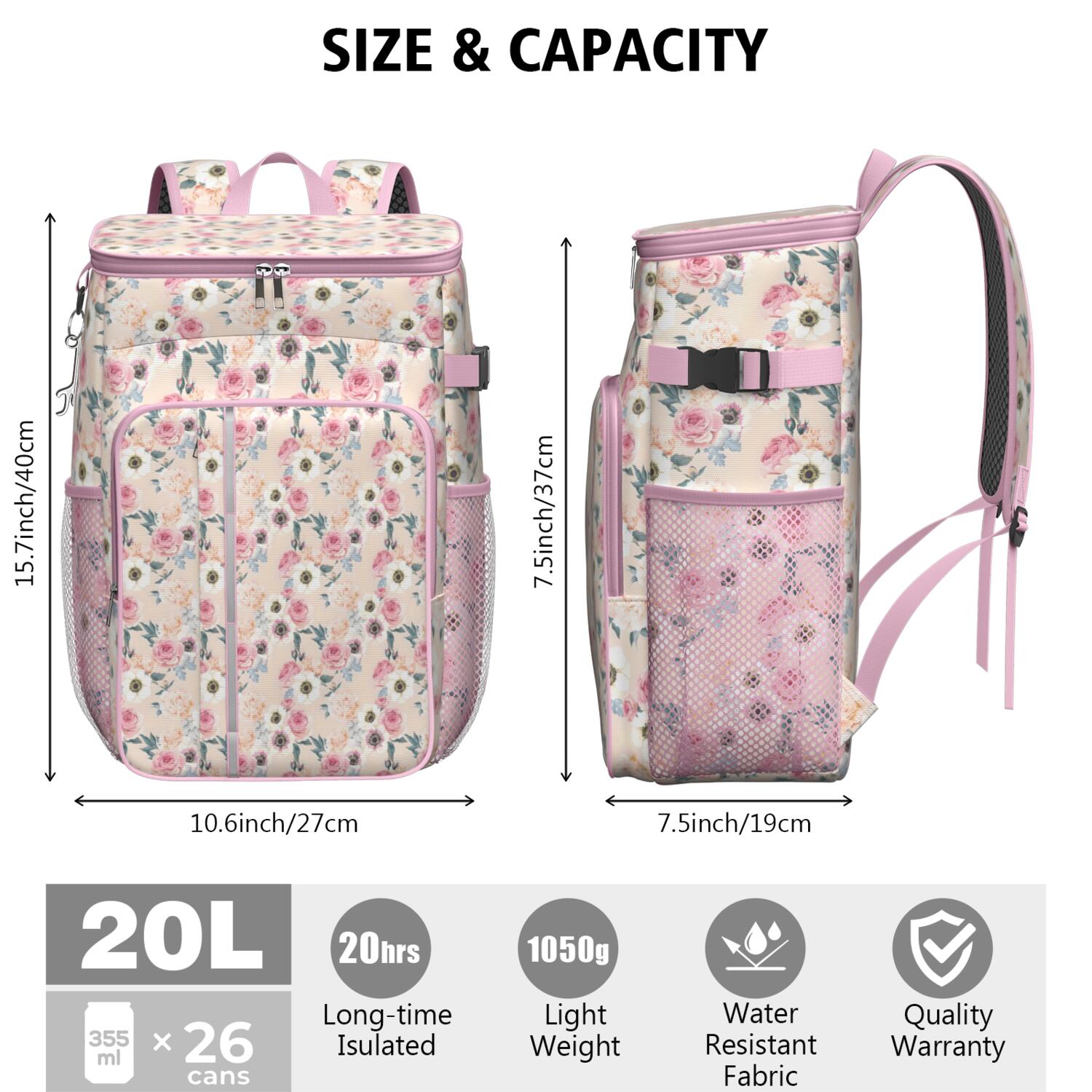 Travel Cooler Bag - Pioneer Flower Floral Print Pattern Camping Beer Cooler Backpack with Bottle Opener- Waterproof Insulated Picnic Backpacks - Cooler Bag for Beach
