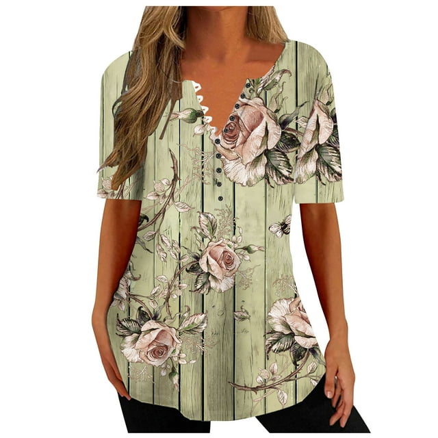 Pompotops Mode Femme Col en V Imprimé Décontracté Manches Courtes Ample Haut/chemise