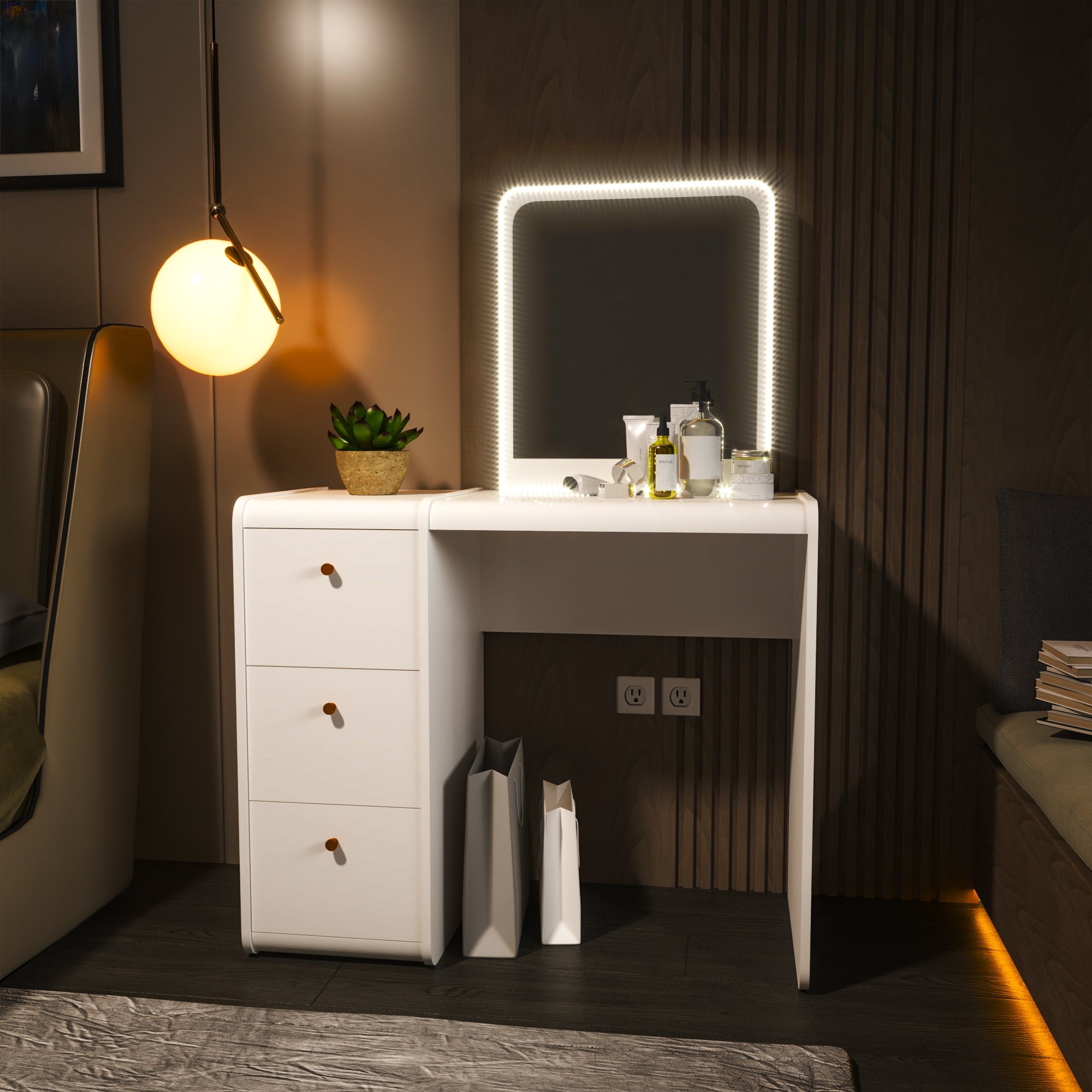 Ember Interiors Vivian Modern Vanity Table, LED Lights, White Painted ...