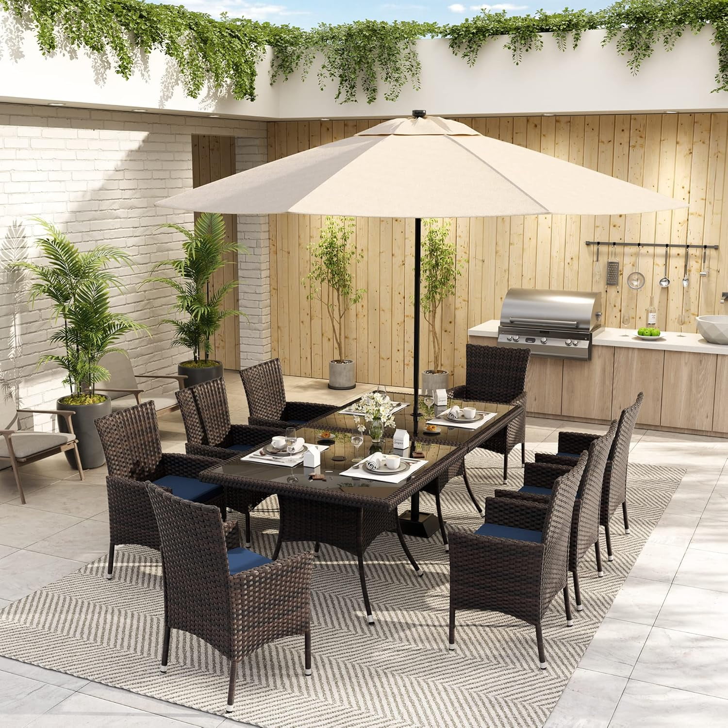ALAULM 10 Piece Patio Dining Set All-Weather Wicker Outdoor Table and Chairs Set w/Tempered Glass Tabletop, Comfortable Cushions and Umbrella Hole for Patio, Backyard, Garden, Poolside -DarkBlue