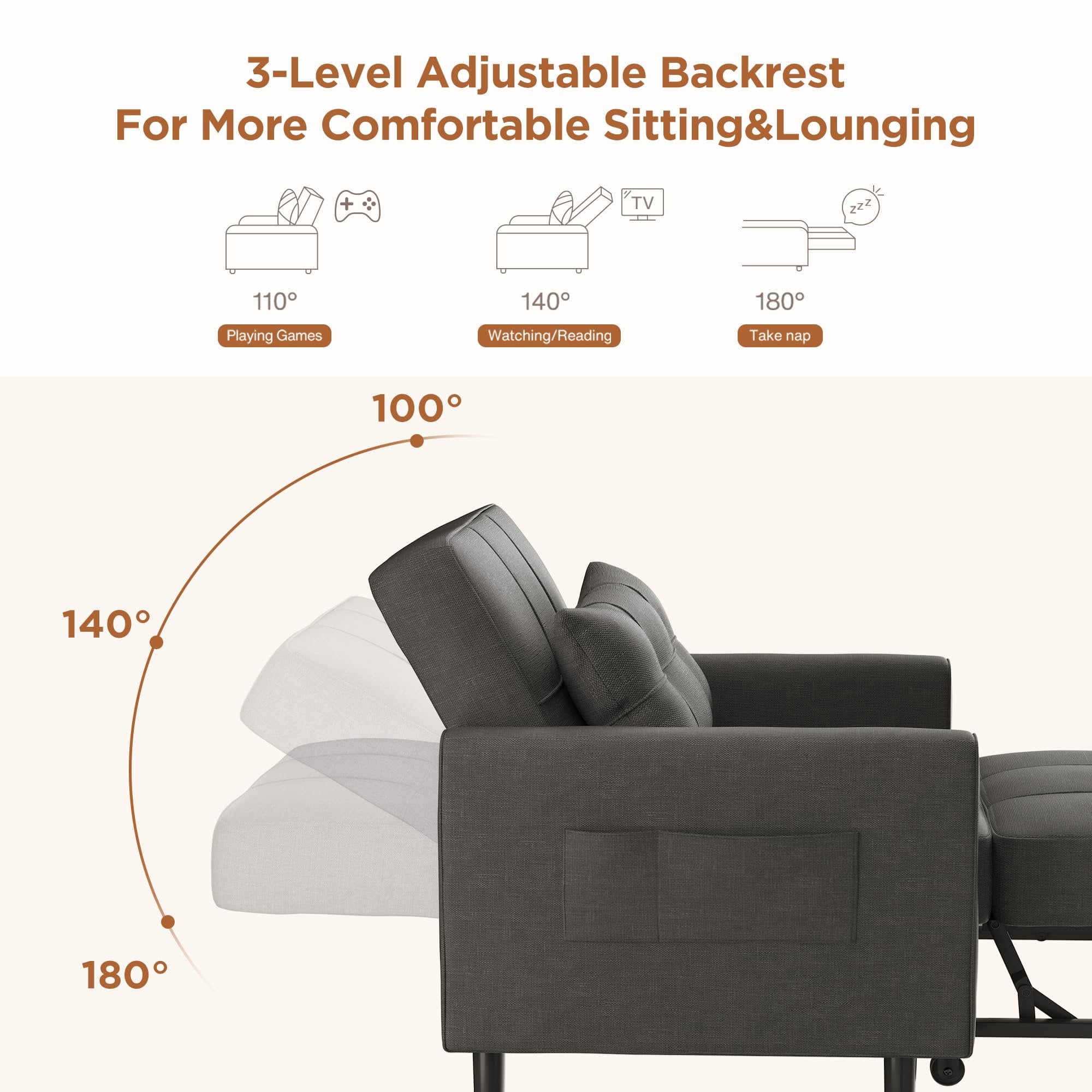 Couch Bed, Lofka Convertible Sofa and Couch Bed with Adjustable Backrest, Dark Gray Recliner