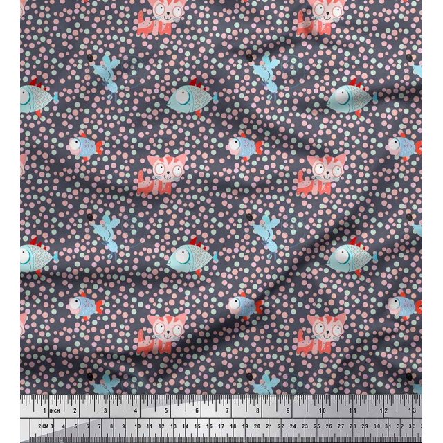 Soimoi Poly Crepe Fabric Dot,Fish & Cat Kids Printed Fabric 1 Yard 42 Inch Wide