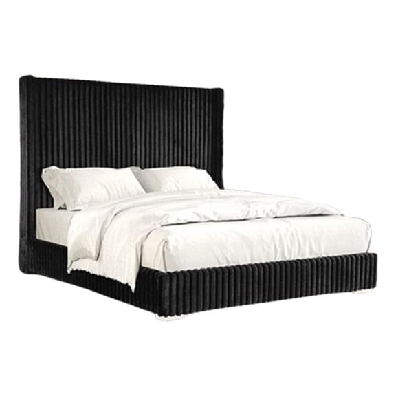 Wolo Queen Bed-Black Fur Chenille Ribbed Upholstery-Wing Headboard