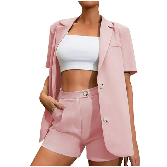 Pompotops 2PC Fashion Woman Solid Short Sleeve Blouse Coat + High Waist Pockets Pants Sets
