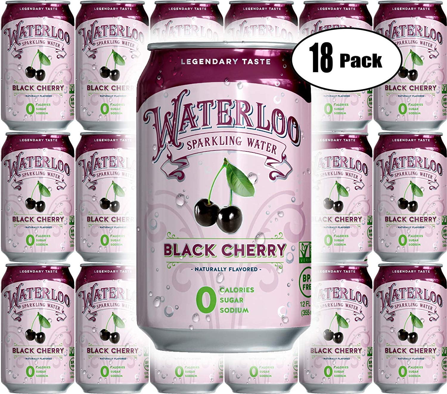 Waterloo Black Cherry Sparkling Water, 12 Fl Oz Can (Pack of 18