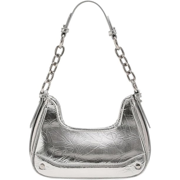 LHSHID Vintage Crescent Bag Silver Tote Purse for Women Y2k Tote Bag Shiny Leather Shoulder Bag Clutch Zipper Hobo Evening Bag