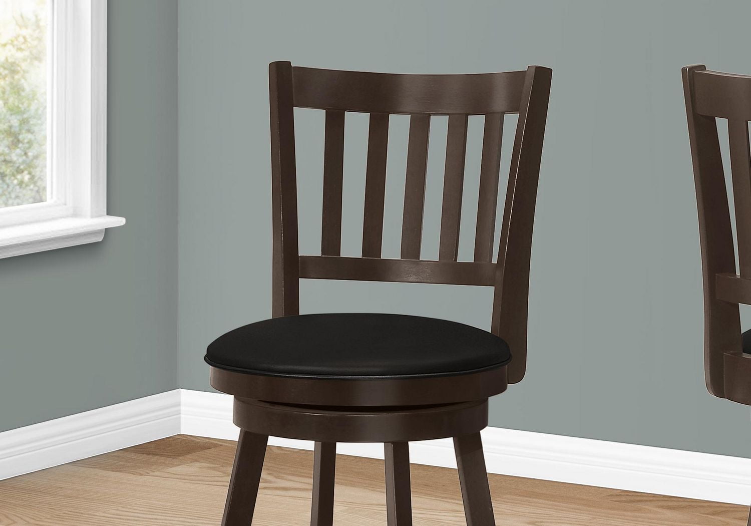 Monarch Specialties Bar Stool, Set Of 2, Swivel, Counter Height, Kitchen, Wood, Pu Leather Look, Brown, Black, Transitional