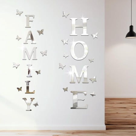Family Home Letter Signs Living Room Wall Decor - 3D Butterfly Mirror Wall Stickers for Living Room Silver Acrylic Decals Decorations for Dining Room Bedroom Silver