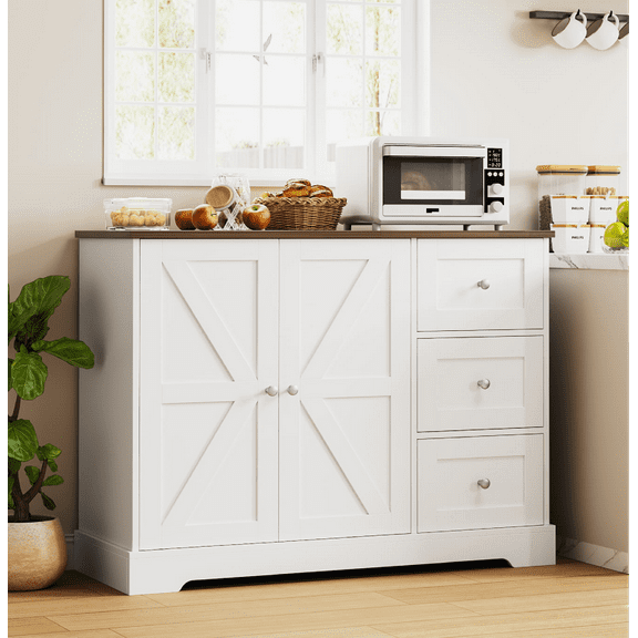 Homfa Farmhouse Sideboard with 3 Storage Drawer, Wood Storage Buffet Cabinet Coffee Bar Cabinet for Kitchen Living Room, White