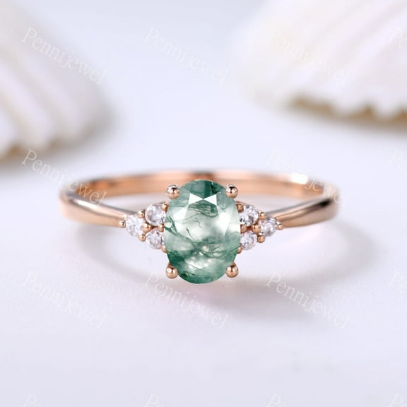 Vintage Oval Moss Agate Ring Anniversary Ring 925 sterling Silver Rose gold Plated Ring