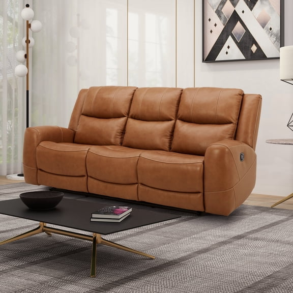 Roundhill Furniture Cozura Leather Power Dual Reclining Sofa, Silverado Butternut