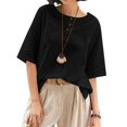 thumbnail image 2 of Linen Button Down Tops for Women Short Sleeve Crew Neck Cotton Shirts Dressy Casual Jacquard Boho Baggy Blouses, 2 of 6