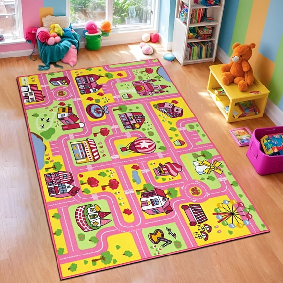 RLESO Pink Traffic Road Car Play Mat for Kids, Washable Educational Learning Area Rug, Non Slip Nursery Playroom Carpet for Girls Bedroom Decor, 1x2 Ft