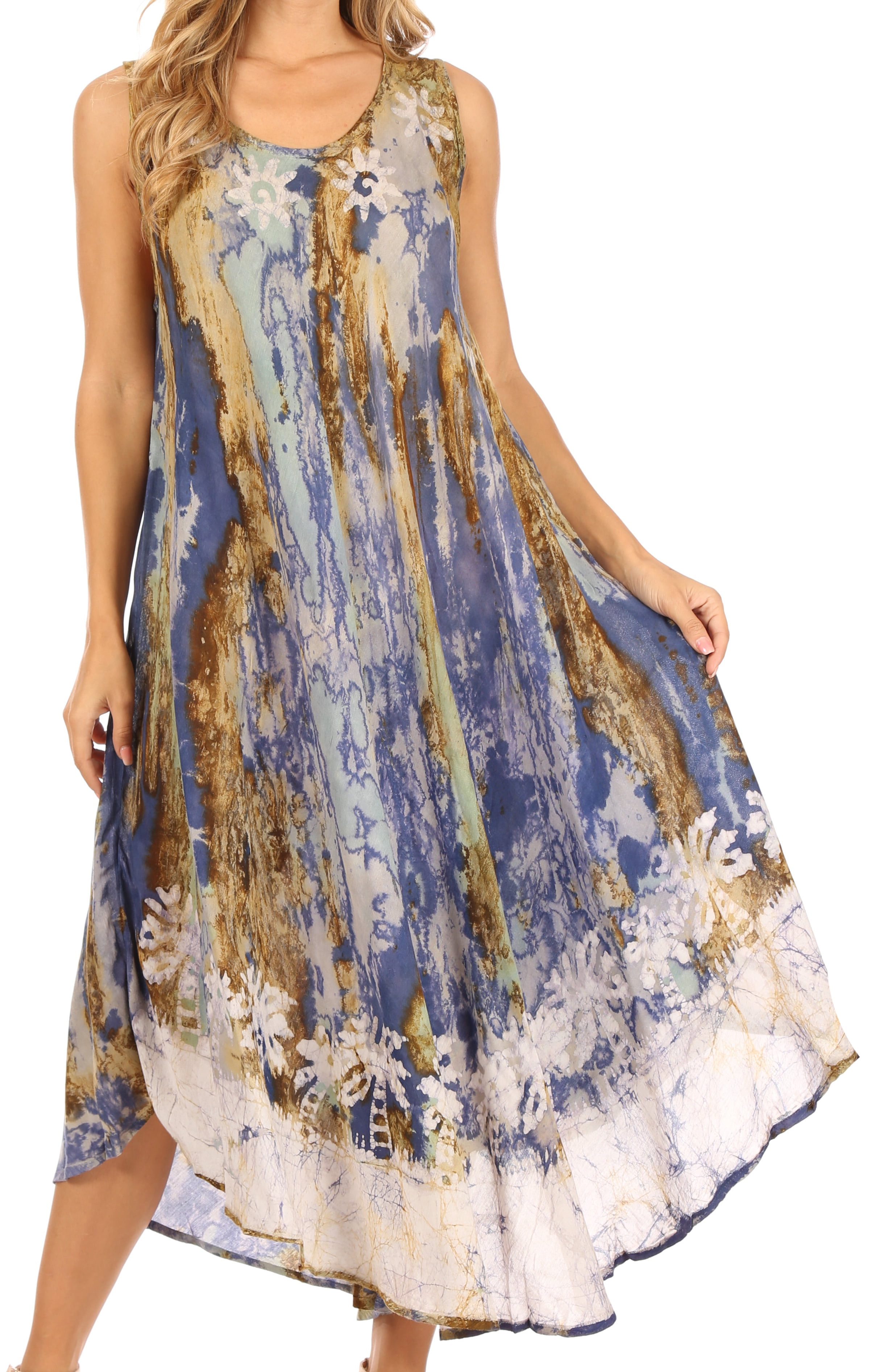 Sakkas Julia Boho Flared Multi-Color Marble Batik Rayon Long Dress/Cover Up