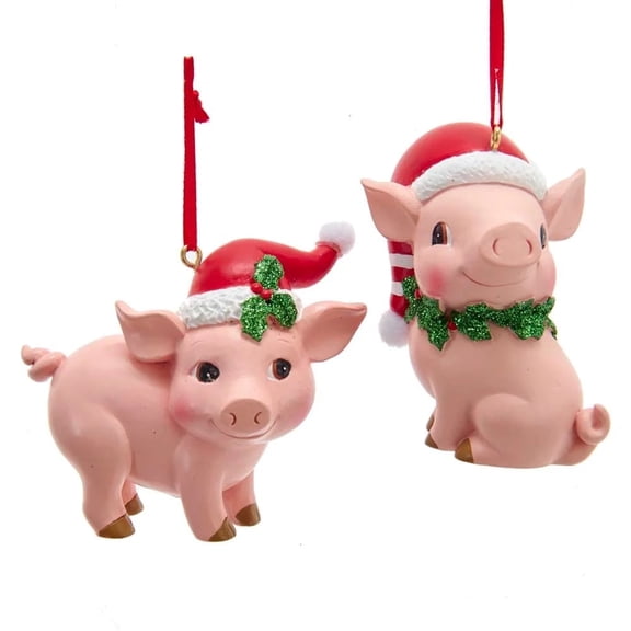 Set of 2 PINK PIGGY Pigs in Santa Hats Christmas Ornaments by Kurt Adler
