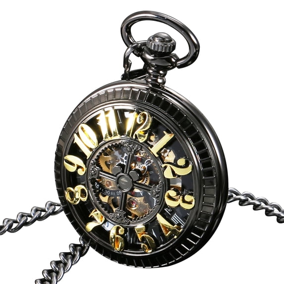ESS Black Case Pocket Watch Half Hunter Gold Stainless Steel Case Mens Gift