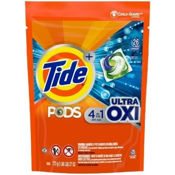 Tide PODS Liquid Detergent Pacs, 4-in-1 Ultra Oxi, 26 Ct, 1 Bag
