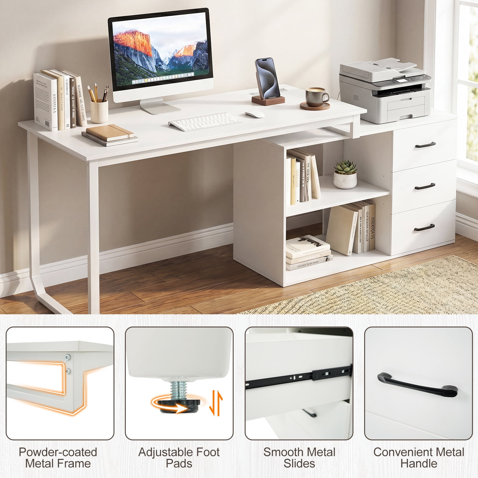 Costway L-Shaped Desk with Power Outlet 55" Reversible Computer Desk with 3 Drawers White