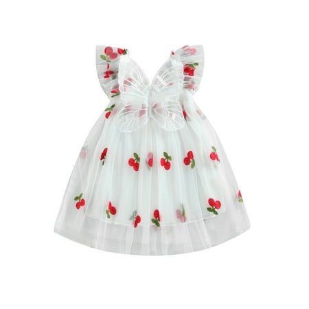 

jaweiwi Baby Kids Girl Princess Dresses 6M 9M 12M 24M 2T 3T 4T Summer Fly Sleeve Cherry Print Tulle Dress Toddler Butterfly Dress
