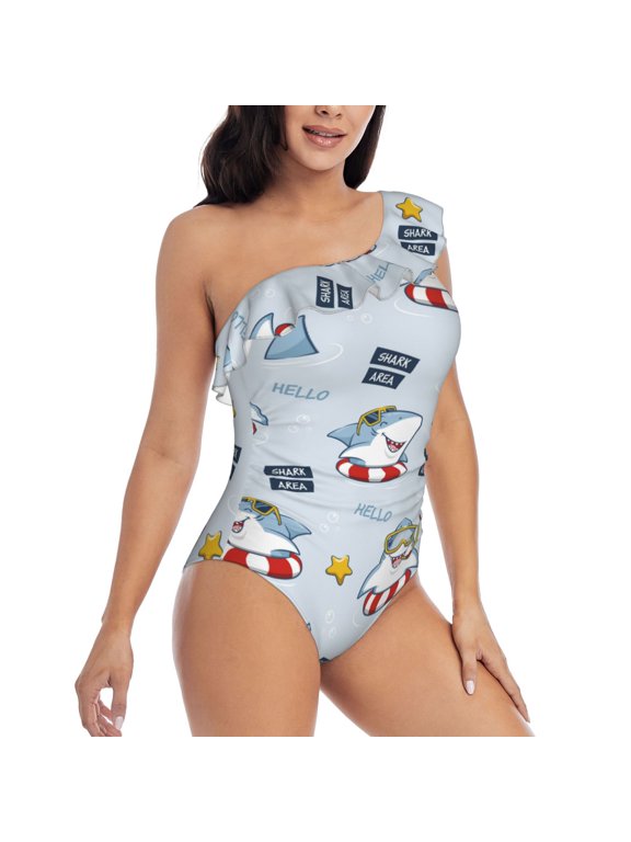 Picia Swimming Shark Pattern Women's One Piece Swimsuits,One Shoulder Swimwear Asymmetric ,Ruffle Monokinis Bathing Suits,High Waisted Flattering Bathing Suits-Small