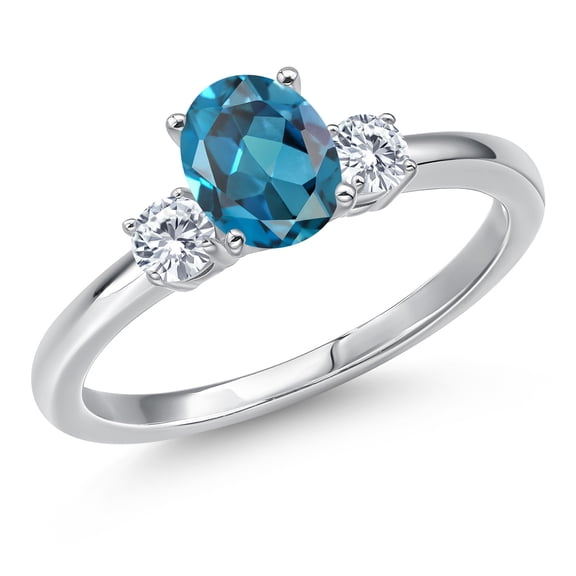 Gem Stone King 14K White Gold London Blue Topaz and Moissanite Engagement Ring for Women | 1.20 Cttw | Oval 7X5MM | Gemstone November Birthstone | Size 7