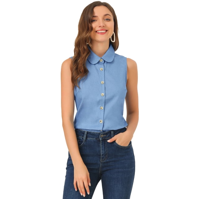 INSPIRE CHIC Camiseta Sin Mangas Informal De Verano Para Mujer Chambray Con Cuello Peter Pan Sin Mangas Azul L
